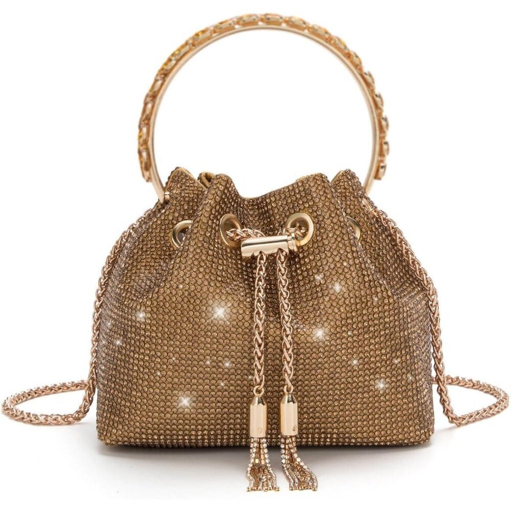 Women's Gold Crystal Rhinestone Modern Sparkly Wedding Party Crossbody Clutch